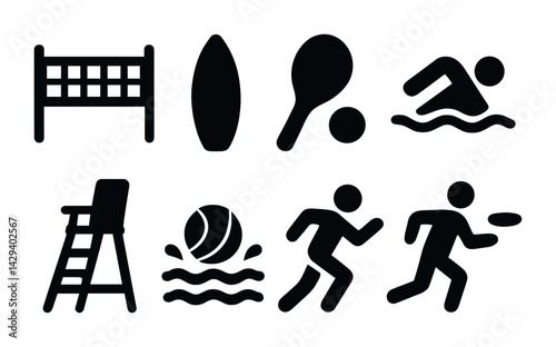 Sports and recreation silhouette icons set – flat style activities, fitness, and games symbols for active lifestyle: volleyball net, surfboard, paddle, swimmer, lifeguard chair, water polo, runner,