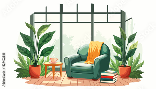Cozy reading nook with plants and natural light  