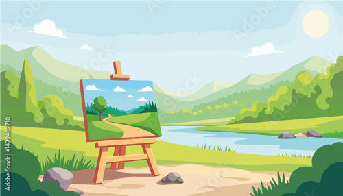 Landscape painting on easel by serene river against mountains  