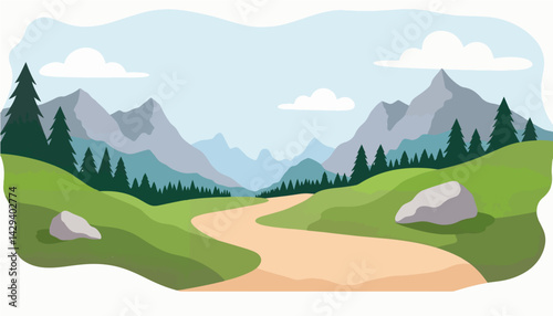 Scenic mountain landscape with a winding path and greenery  