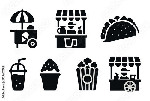 Street food icon set – solid style delicious snacks, food cart, and market symbols: ice cream cart, taco, popcorn, lemonade, smoothie, food stall, vendor.