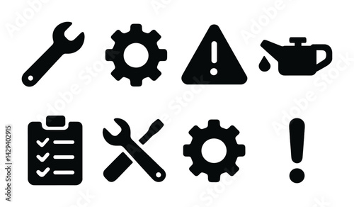 Automotive and maintenance solid icons set – filled style tools, repair, and safety symbols for vehicle care: wrench, gear, warning, oil can, checklist, exclamation