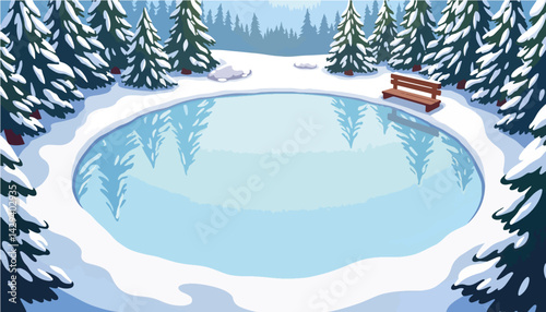 Snowy winter landscape with frozen pond and pine trees  