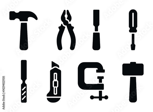 Construction tools icon set – solid style diy, woodworking, and repair essentials: hammer, pliers, chisel, screwdriver, drill, utility knife, clamp, mallet.