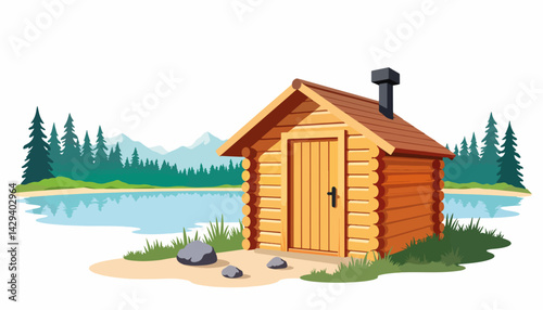 Log cabin by the lake surrounded by pine trees  
