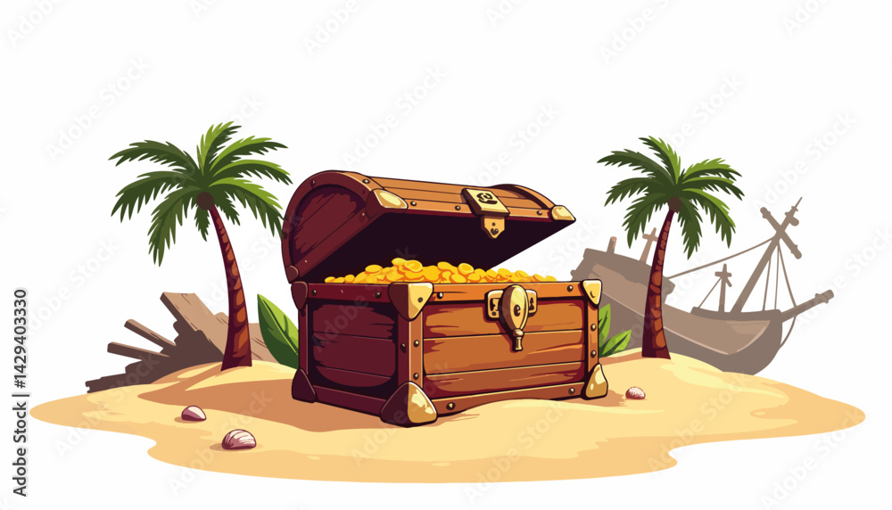 Obraz premium Treasure chest overflowing with gold on a tropical beach 