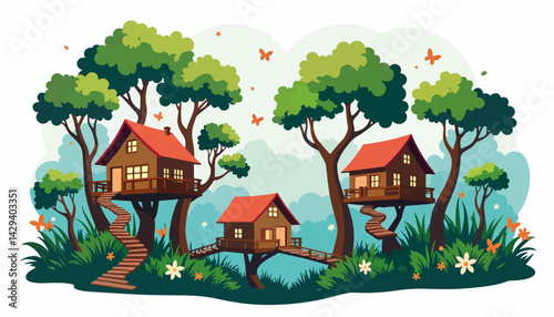 Three treehouses nestled among lush greenery and flowers  