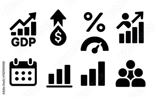 Business growth and analytics solid icons set – filled style for financial success, data analysis, and performance tracking: gdp, profit increase, percent, speedometer, team, bar chart.