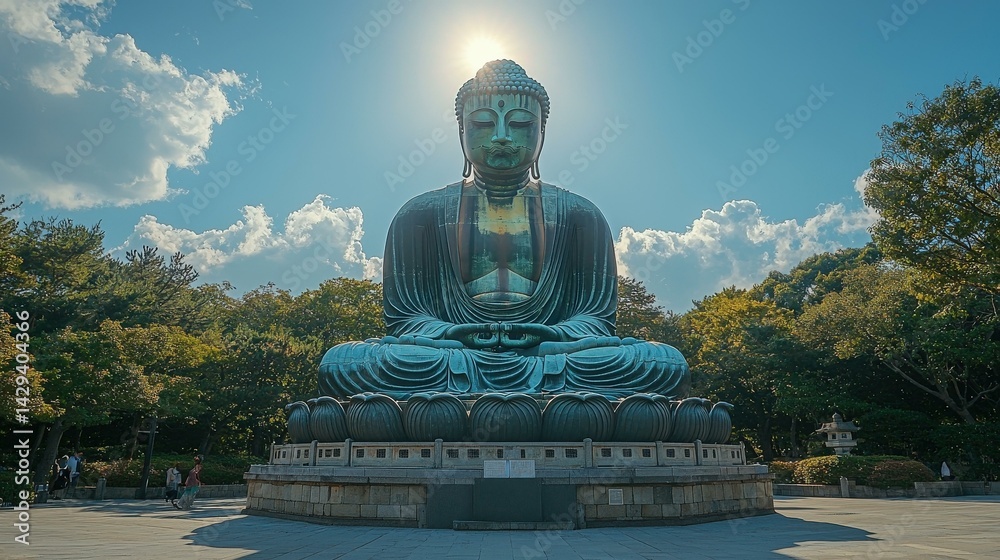 Fototapeta premium Serene giant bronze statue of a seated Buddha against blue sky with fluffy clouds, peaceful expression, symbolic monument