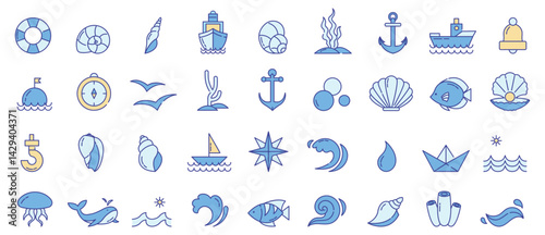 Set of marine and nautical linear icons with soft color accents. Minimalistic hand-drawn style. Includes sea shells, anchors, starfish, waves, fish, boats, steering wheel, and more. Perfect for summer