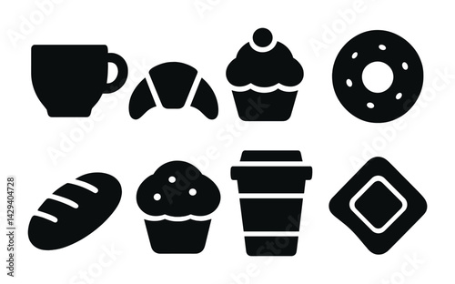 Coffee shop and bakery solid icon set – silhouette style for culinary branding, cafés, and patisseries: cup, croissant, muffin, doughnut, bread, coffee, pastry