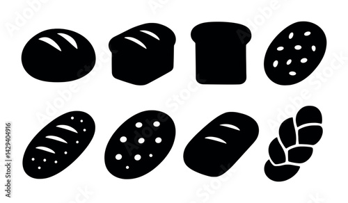 Bakery and breads solid icons set – silhouette style for baking, cooking, and culinary design: baguette, loaf, roll, sliced bread, ciabatta, rye, sourdough, brioche.