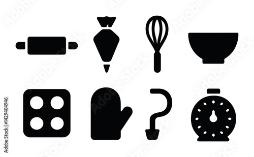 Kitchen and baking solid icons set – filled style cooking, culinary, and home baking elements: rolling pin, piping bag, whisk, mixing bowl, stove, oven mitt, dough hook, kitchen timer.