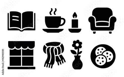 Cozy home life silhouette icons set – solid style comfort, relaxation, and warmth symbols for interior design: book, coffee cup, candle, armchair, window, scarf, flower vase, cookies.