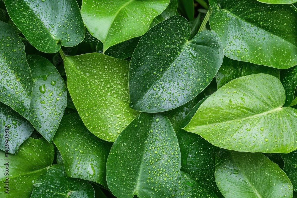 Obraz premium Lush green leaves glistening with raindrops after a refreshing rain shower in a tropical garden setting