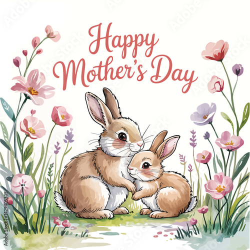 happy mother day card with cute bunny and baby rabbit