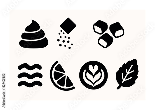Coffee and bakery icons set – solid style for cafés and pastries: coffee bean, croissant, sugar cube, wave, leaf, orange slice, latte art