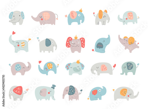 Cute baby elephants in bohemian and scandinavian style with cartoon animal characters for kids nursery design and playful decoration illustrations