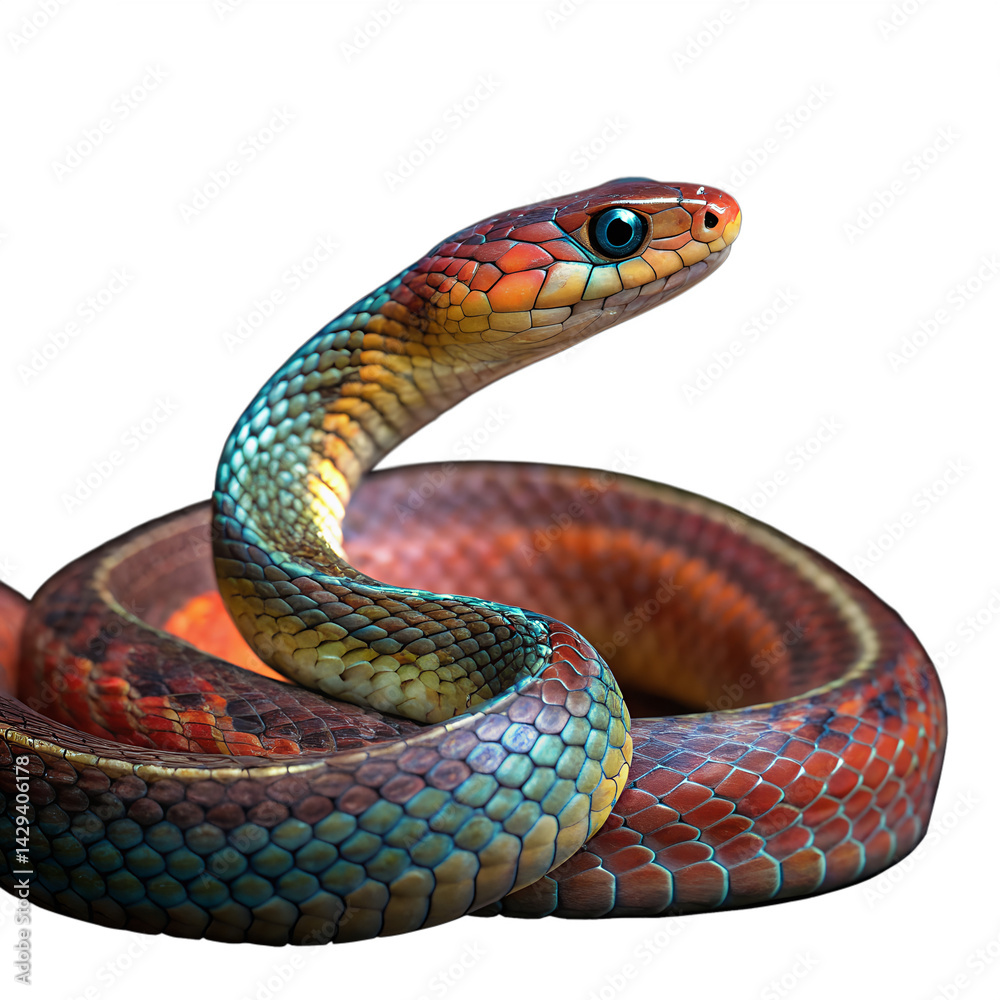 Fototapeta premium Colorful Rainbow Serpent snake coiled on a transparent background