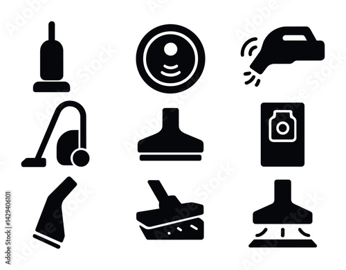 Household cleaning equipment solid icons set – silhouette style vacuum, hygiene, and maintenance symbols for home care: upright vacuum, security camera, hand vacuum, dusting brush, nozzle, cleaning