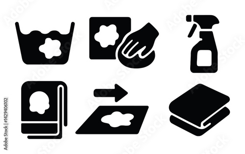 Home cleaning icon set – solid style housework, tidying, and maintenance symbols for organizational tasks: washing bin, cleaning sponge, spray bottle, book, folded laundry.