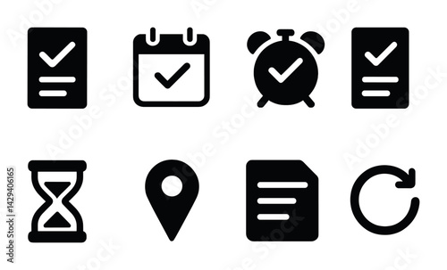 Task management icon set – solid style productivity, work, and organization symbols for efficient planning: checklist, calendar, alarm clock, hourglass, location, document, refresh.