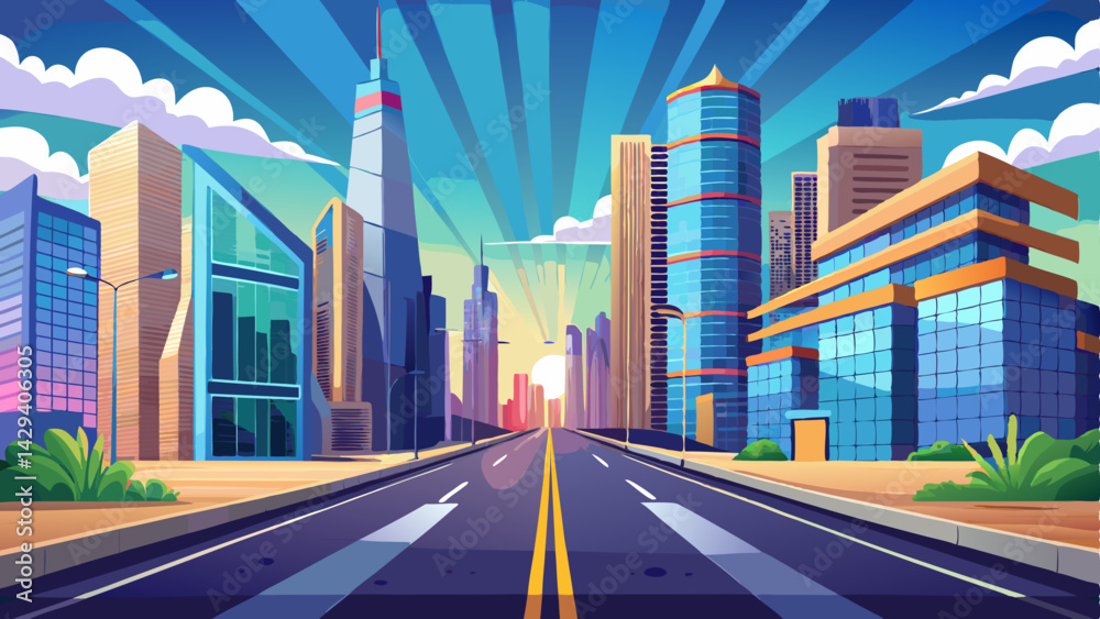 Fototapeta premium Very beautiful ,Empty City road perspective view and modern city centre with skyscrapers on the horizon. The way to success concept