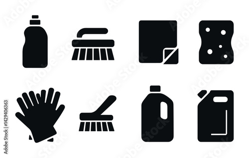 Cleaning tools and supplies icon set – solid style hygiene, sanitation, and housekeeping symbols for home care: detergent, scrub brush, cloth, sponge, gloves, mop, cleaning bottle, container.