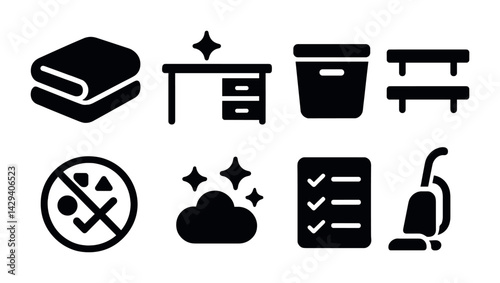 Home cleaning and organization solid icons set – silhouette style housekeeping, maintenance, and tidying symbols for chore management: towel, desk, bin, bench, no crumbs, dust, checklist, vacuum.