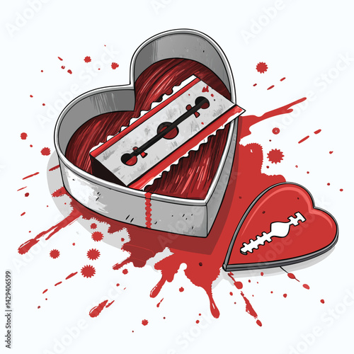 A heart-shaped box overflowing with gleaming razor blades, a stark contrast of love and danger; blood splatters subtly on the box's edges.