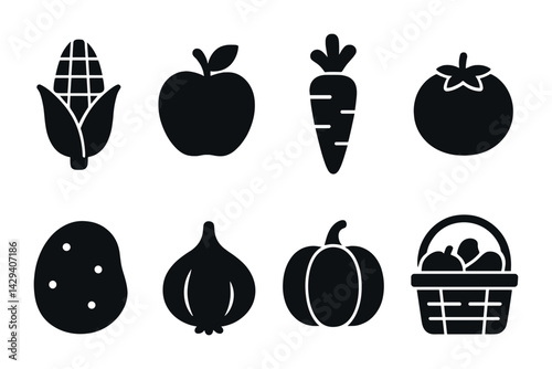 Fresh produce icon set – solid silhouette style for farm, harvest, and agriculture: corn, apple, carrot, tomato, potato, onion, pumpkin, basket.