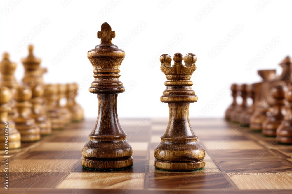 Close-up of a chessboard focused on king and queen pieces with a depth of field effect isolated on a white background Close-up of a chessboard focused on king and queen pieces with a depth of field effect isolated on a white background