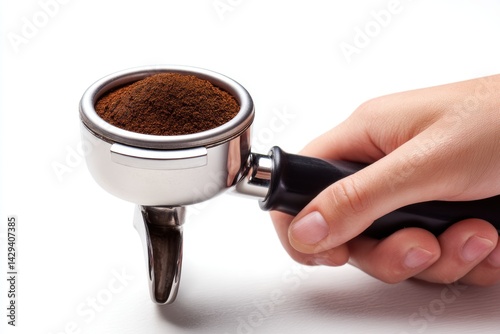 Barista expertly tamps finely ground coffee into a portafilter for perfect espresso extraction at a coffee shop