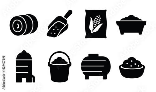 Agriculture commodity solid icons set – silhouette style farming, harvest, and food production symbols: grain, silo, corn bag, tank, feed scoop, storage bin.