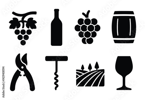 Winemaking icons set – solid style vineyard, grapes, and wine symbols for winery branding: grapes, wine bottle, barrel, vineyard, glass, corkscrew, pruners