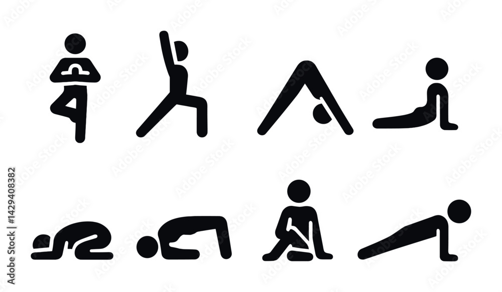 Yoga pose solid icons set – filled fitness and wellness symbols for mindfulness and balance: tree pose, warrior, downward dog, cobra, child’s pose, bridge, seated twist, plank