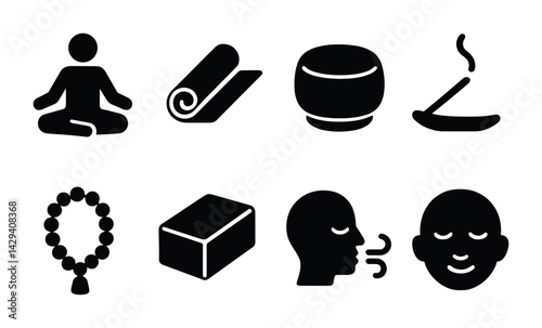 Meditation icons set – solid style for mindfulness and yoga practices: lotus pose, yoga mat, singing bowl, incense, mala beads, block, breathing, relaxation