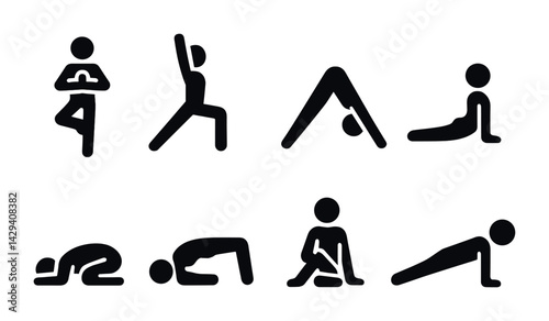Obraz na płótnie Yoga pose solid icons set – filled fitness and wellness symbols for mindfulness and balance: tree pose, warrior, downward dog, cobra, child’s pose, bridge, seated twist, plank w salonie