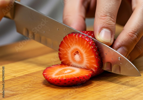 Chef's knife precisely slicing strawberry in perfect cross-section on wooden cutting board