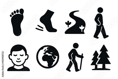 Outdoor adventure silhouette icon set – solid style hiking, nature, and exploration symbols: footstep, trail, hiker, trees, globe, walking person, calm face
