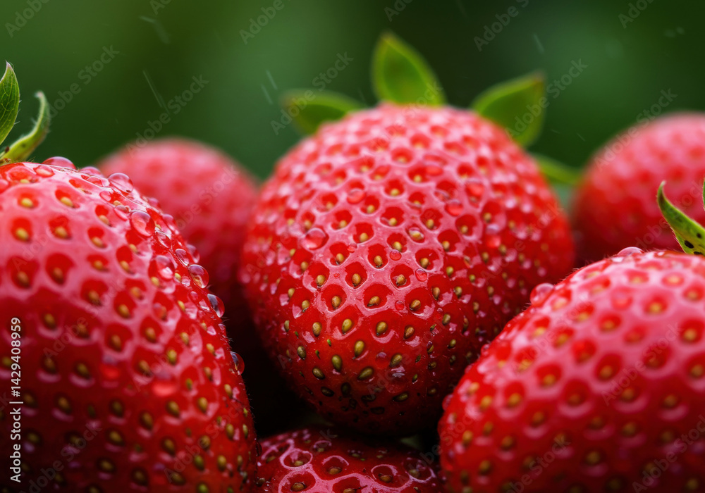 Close-up of fresh strawberries with rain droplets Close-up of fresh strawberries with rain droplets