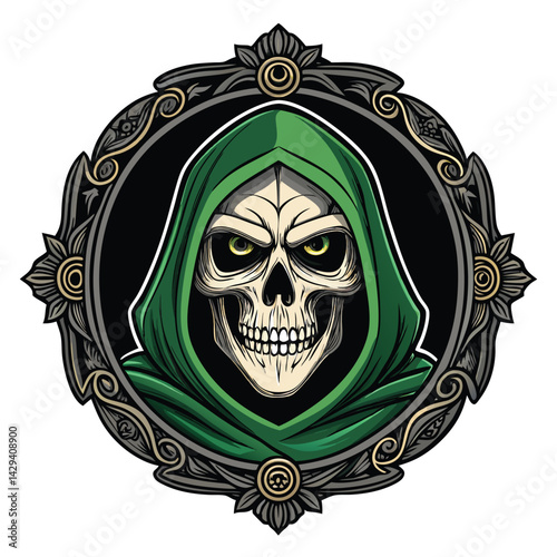 A detailed illustration of a grim necromancer's head, partially obscured by a decaying undead mask within a skeletal skull.  Focus on intricate detail and unsettling atmosphere.