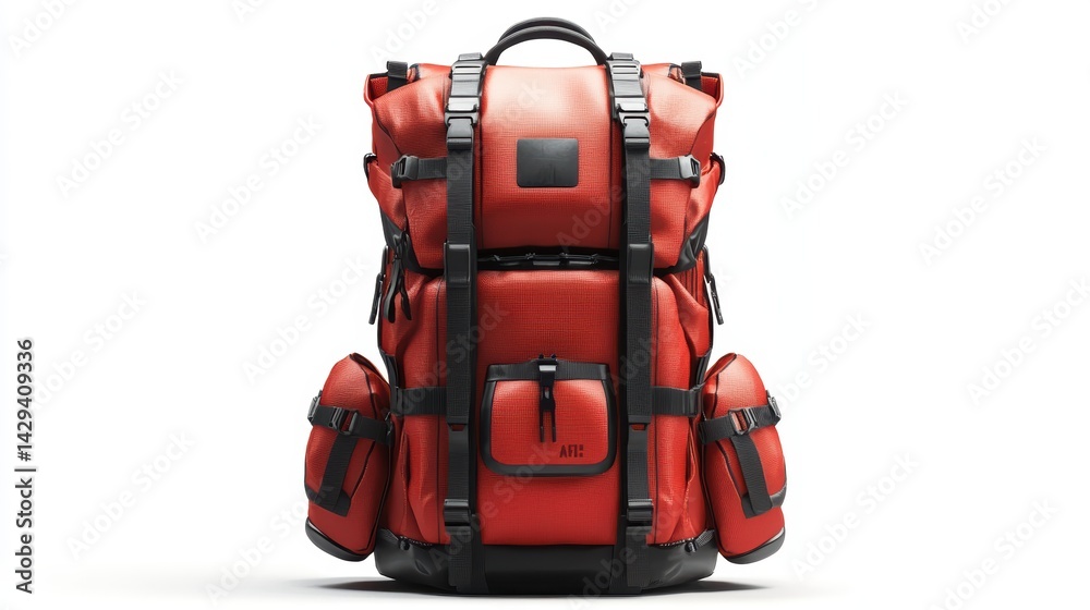 Fototapeta premium Bold graphic red backpack with futuristic design, ergonomic back support, and multiple external pockets, isolate on white background