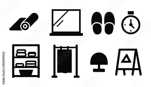 Home gym and fitness silhouette icon set – flat style workout, wellness, and exercise symbols for personal fitness planning: yoga mat, mirror, slippers, timer, towel rack, curtain, lamp, easel.