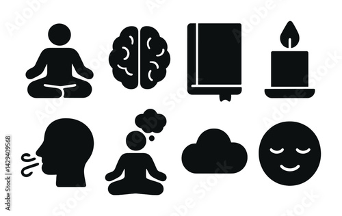 Mindfulness and meditation solid icons set – flat style wellness, relaxation, and mental health symbols for self-care: meditation pose, brain, journal, candle, breathing, thought bubble, cloud,