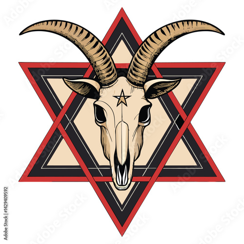 A meticulously detailed rendering of a horned goat skull levitating within a glowing, geometric occult triangle.  Dark, mystical atmosphere.