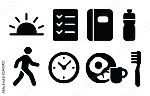 Daily routine solid icons set – silhouette style morning activities, checklist, and health symbols: sunrise, task list, journal, water bottle, walking, clock, breakfast, toothbrush.
