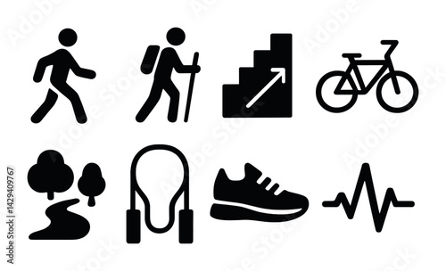 Fitness and outdoor activity silhouette icons set – health, adventure, and exercise symbols for lifestyle design: walker, hiker, stairs, bicycle, park, jump rope, sneaker, heartbeat.