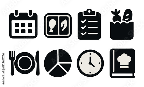Meal planning flat icons set – solid style cooking, nutrition, diet symbols for organized kitchens: calendar, meal tray, checklist, grocery bag, utensils, pie chart, clock, cookbook.