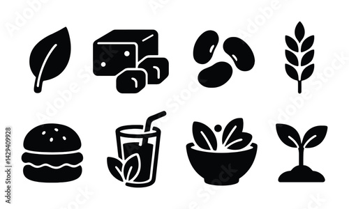 Vegan food icons set – solid style: plant-based, healthy eating, eco-friendly symbols for your design needs: leaf, tofu, beans, grain, burger, juice, salad, sprout.